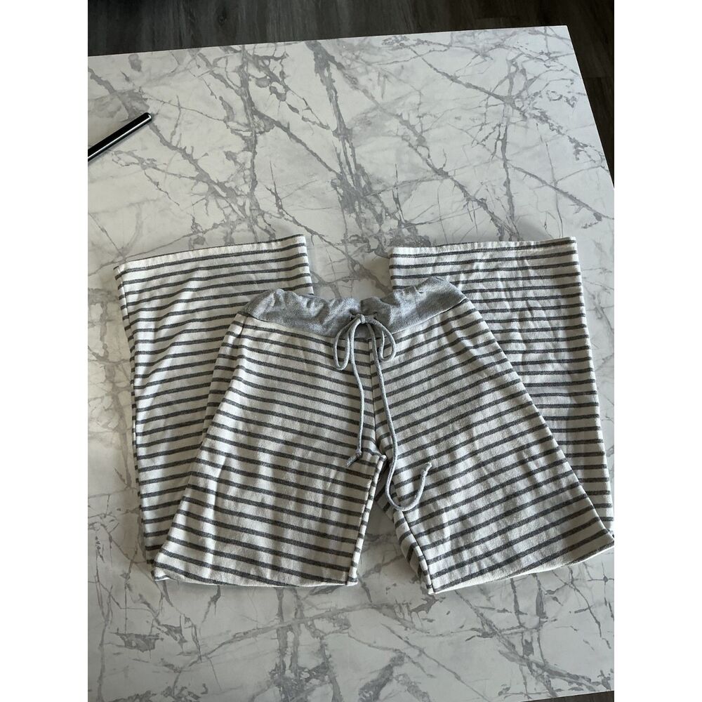 12PM by Mon Ami Striped Lounge Pants Size L Grey White Wide Leg Drawstring